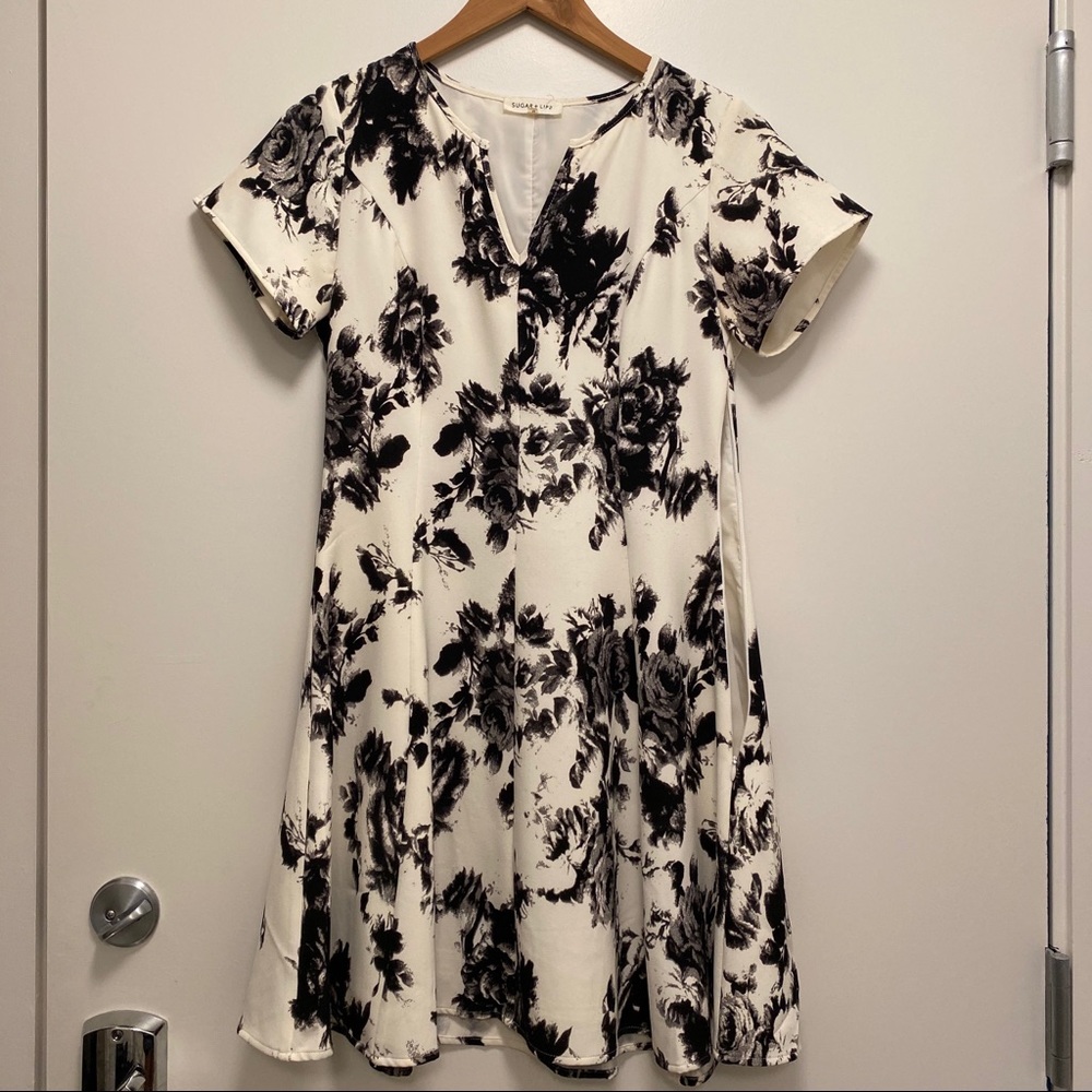 White and black floral print cocktail dress
